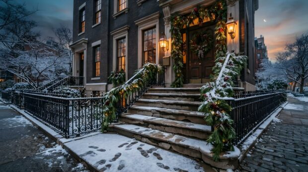 A stunning New York Christmas wallpaper of a townhouse entrance adorned with festive snow and garlands