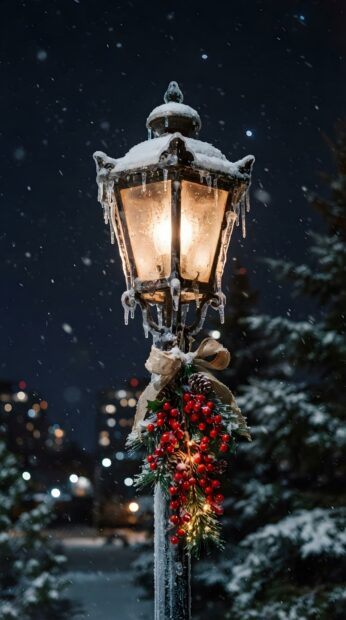 Vintage street lamp covered in snow and icicles, adorned with a festive Christmas wreath