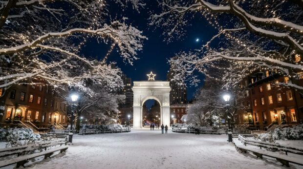 Washington Square Park blanketed in snow, featuring the illuminated arch under a starry winter sky