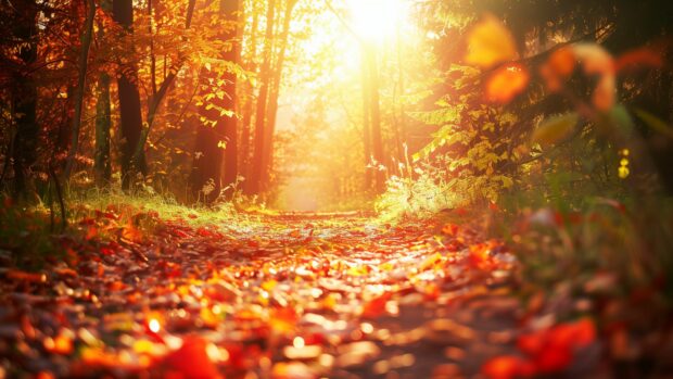 1920×1080 Wallpapers, a serene forest path covered with autumn leaves, sunlight filtering through the trees.