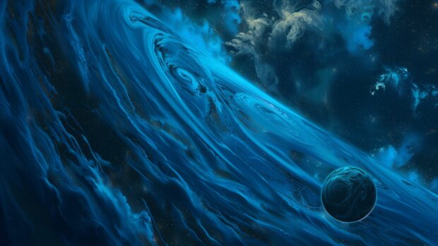 1920x1080 Space HD wallpaper features an epic view of a blue planet with swirling clouds and oceans, set against the backdrop of the deep blue cosmos.