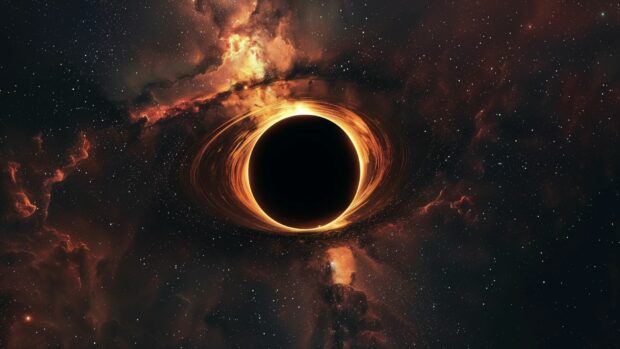 1920x1080 Space wallpaper features a stunning view of a black hole surrounded by a glowing accretion disk, with cosmic dust and stars in the background.