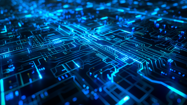 4K Abstract technological grid, glowing lines and circuits.