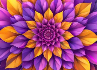 4K OLED Desktop Backgrounds with abstract floral mandala, symmetrical design, bright colors.