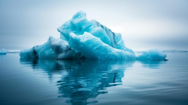 4K OLED Desktop Wallpaper with a cool blue icebergs floating in a tranquil sea.