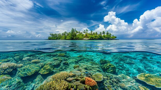 4K Ocean wallpaper features a vibrant coral reef seen through crystal clear ocean water.