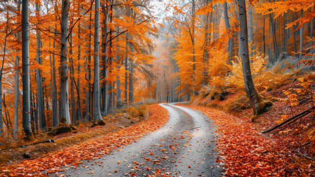 4K wallpaper of an autumn forest with vibrant red, orange, and yellow leaves.