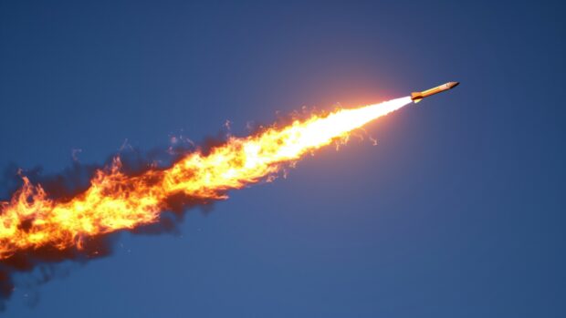 A SpaceX Falcon 9 rocket launching into the sky with a trail of flames and smoke, set against a clear blue sky and the vastness of space, 4K wallpaper.