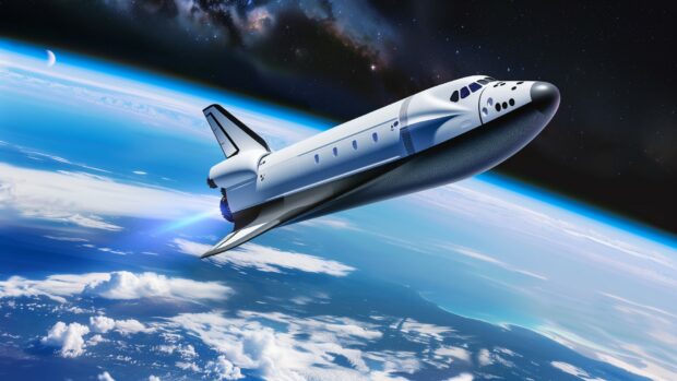 A SpaceX Starship prototype soaring through the atmosphere during a test flight, with clouds and Earth in the background.