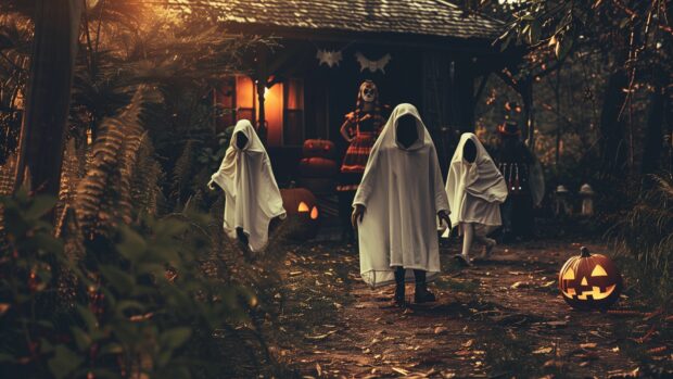A Victorian era Halloween scene with ghosts and goblins roaming the streets.