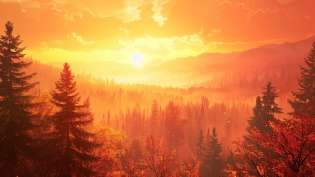 A autumn sunset over a forest 4K wallpaper.