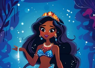 A beautiful mermaid princess attending an underwater ball, shimmering with bioluminescent scales.