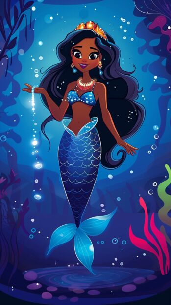 A beautiful mermaid princess attending an underwater ball, shimmering with bioluminescent scales.