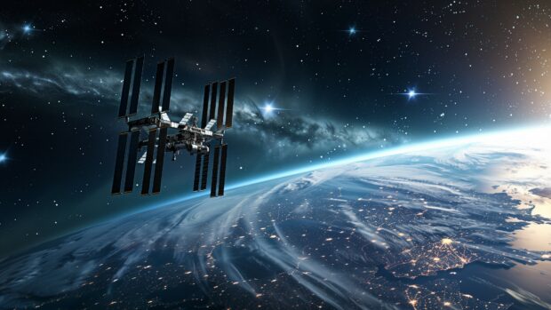 A breathtaking view of the International Space Station with auroras visible below it on Earth desktop wallpaper HD.