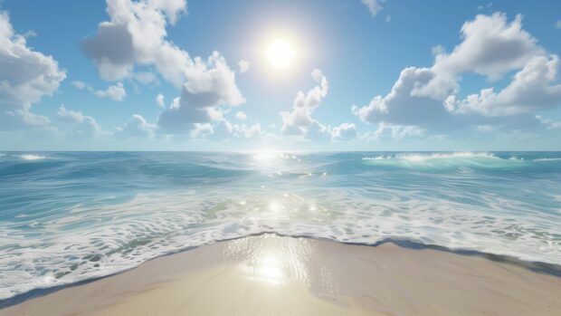 A bright sunny day over a calm ocean with gentle waves lapping the shore.