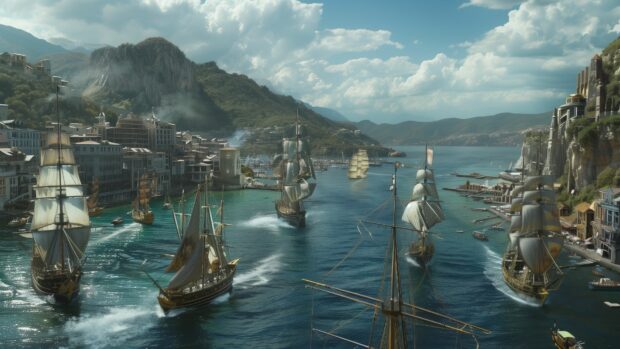 A busy ocean HD wallpaper for desktop with several ships and boats sailing.
