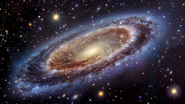 A celestial space aesthetic 4K wallpaper with a detailed view of a spiral galaxy, illuminated by soft blues and purples, against a dark backdrop.