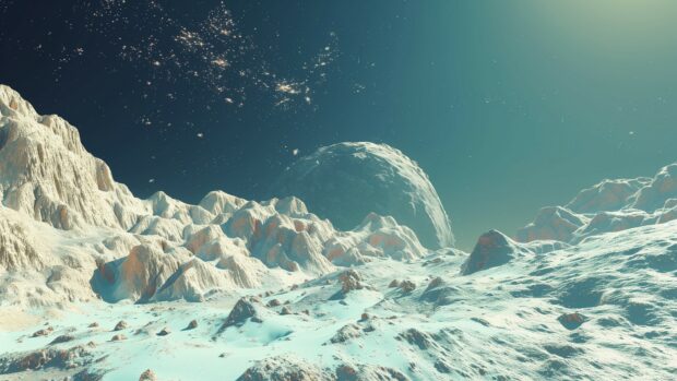 A close up of an exoplanet space desktop background with unique geological features and an alien sky.
