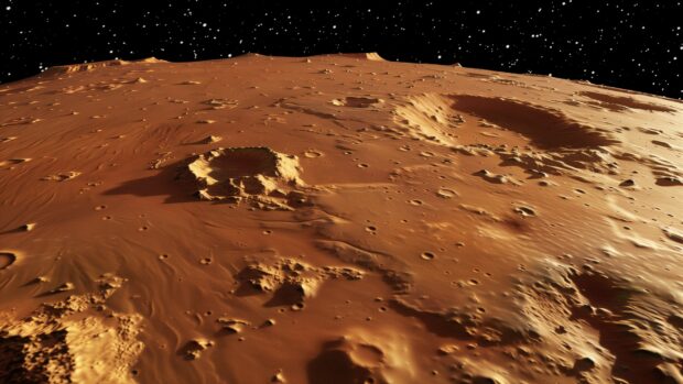 A close up view of Mars' surface, highlighting its red rocks and rugged terrain of Space HD desktop Wallpaper.