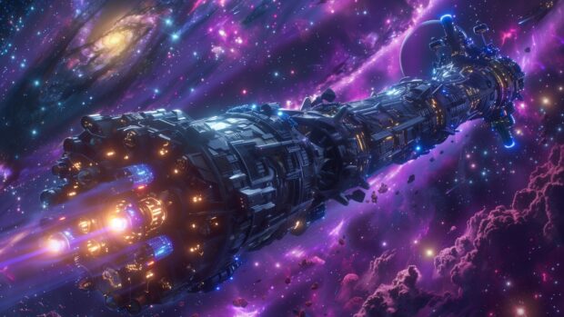 A colony spaceship traveling through the void, with glowing engines and a detailed hull against the starry expanse.
