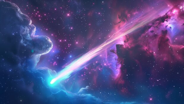 A colorful comet with its tail streaking across the night sky space desktop wallpaper.