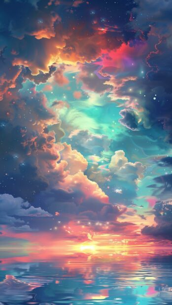 A cool cosmic scene with a rainbow colored nebula and distant stars.