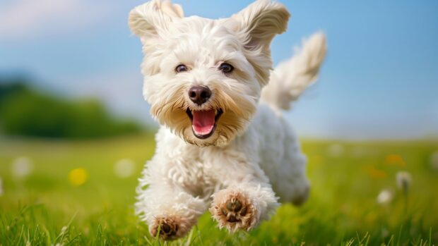 A cool dog running through a vibrant green field with a bright blue sky.