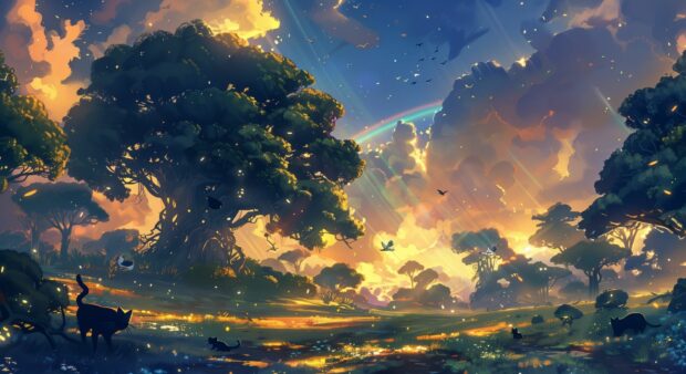 A cool group of cats playing in a magical meadow with a rainbow in the background.