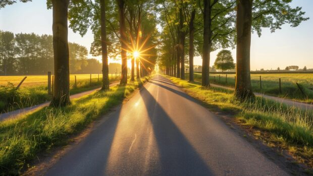 A country road at sunset, with the golden light casting long shadows from the trees lining the roadside, Desktop 4K wallpaper.