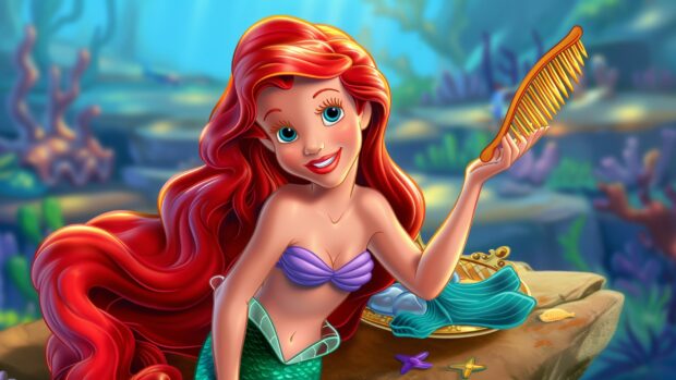 A cute mermaid lounging on a rock, combing her hair with a golden comb.
