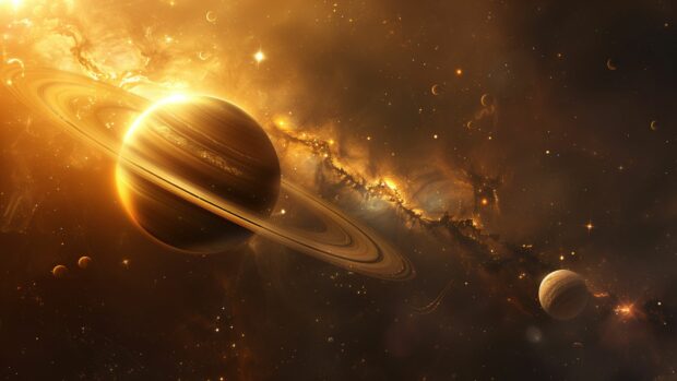 A detailed Saturn with its rings prominently displayed wallpaper, against a dark space background 1920x1080.