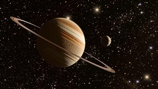 A detailed depiction of a distant exoplanet with rings, set against a starry outer space 4K wallpaper.