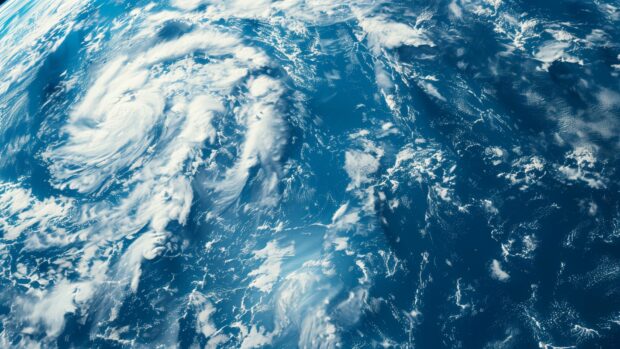 A detailed view of Earth from space with swirling white clouds and a vivid blue atmosphere, emphasizing the planets natural beauty.