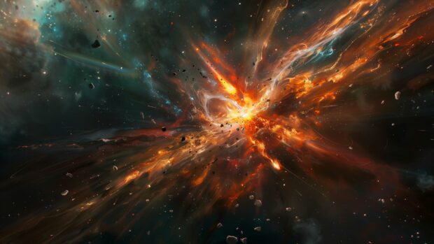 A dramatic depiction of a supernova explosion in the dark void of space wallpaper, with vibrant colors and cosmic debris.