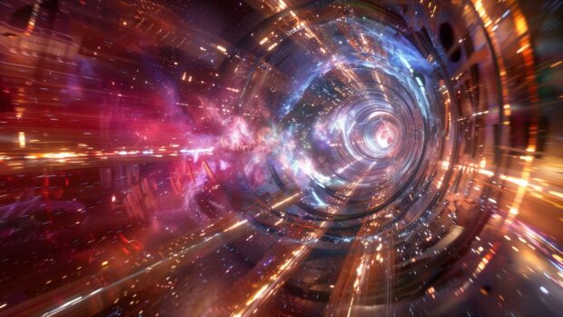 A dramatic scene of a spaceship emerging from a warp gate, with vibrant colors and light effects illuminating the vastness of space HD wallpaper.