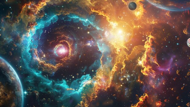 A dramatic scene of a spaceship emerging from a warp gate, with vibrant colors and light effects illuminating the vastness of space wallpaper.
