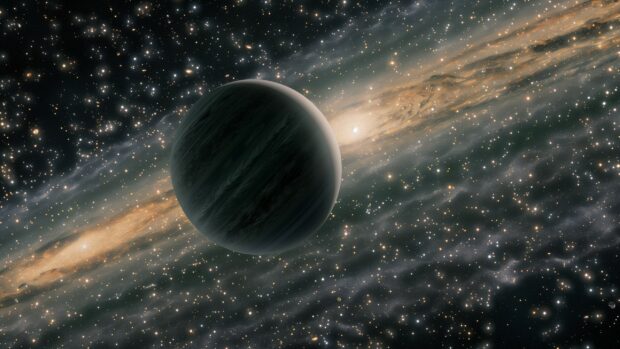 A dramatic view of a rogue planet drifting through interstellar Space 2K desktop background, far from any star.