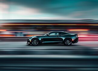 A dynamic shot of a Camaro racing on a track.