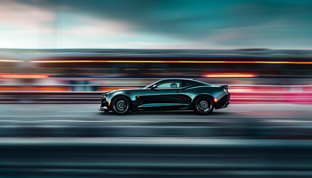 A dynamic shot of a Camaro racing on a track.