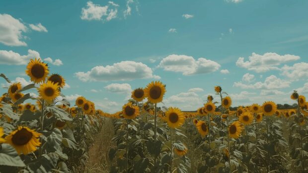 A field of sunflowers in full bloom under a bright blue sky with fluffy white clouds features Country Background.