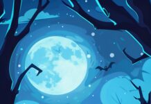 - Eerie haunted graveyard with a smiling ghost under a full moon, surrounded by tombstones and spooky trees in a dark, cartoon-style Halloween scene.
