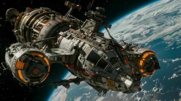 A futuristic anime space station orbiting a blue planet, with intricate design and colorful space scenery, Anime Space HD background.
