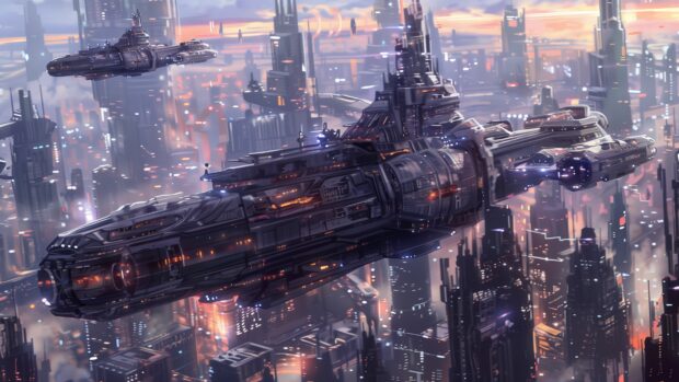 A futuristic city with hovering vehicles and neon lights, in style of Sci fi.