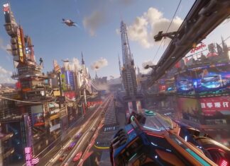 A futuristic cityscape with towering skyscrapers and flying cars, in style of Sci fi 2K Wallpaper.