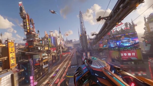 A futuristic cityscape with towering skyscrapers and flying cars, in style of Sci fi 2K Wallpaper.