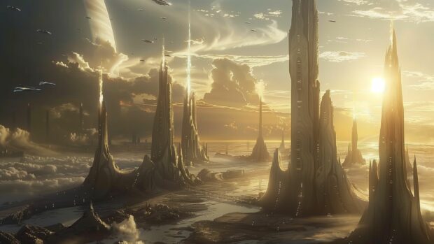 A futuristic cityscape with towering spires and flying vehicles, reflecting the artifact and technology themes of MTG.