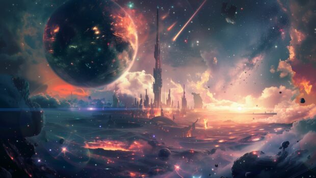 A futuristic space 1920x1080 wallpaper with a sleek cityscape on an alien planet, under a sky filled with stars and distant galaxies.