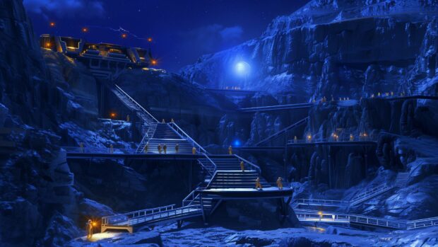 A futuristic space colony on a distant planet space desktop background, with advanced technology and alien landscape.
