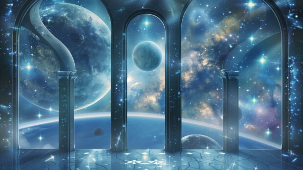 A futuristic spaceship bridge with a panoramic view of the cosmos through large windows, showing stars and planets outside.