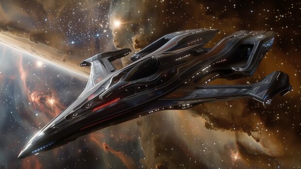 A futuristic spaceship cruising through deep space, with distant stars and nebulae in the background, showcasing sleek design and advanced technology (2).